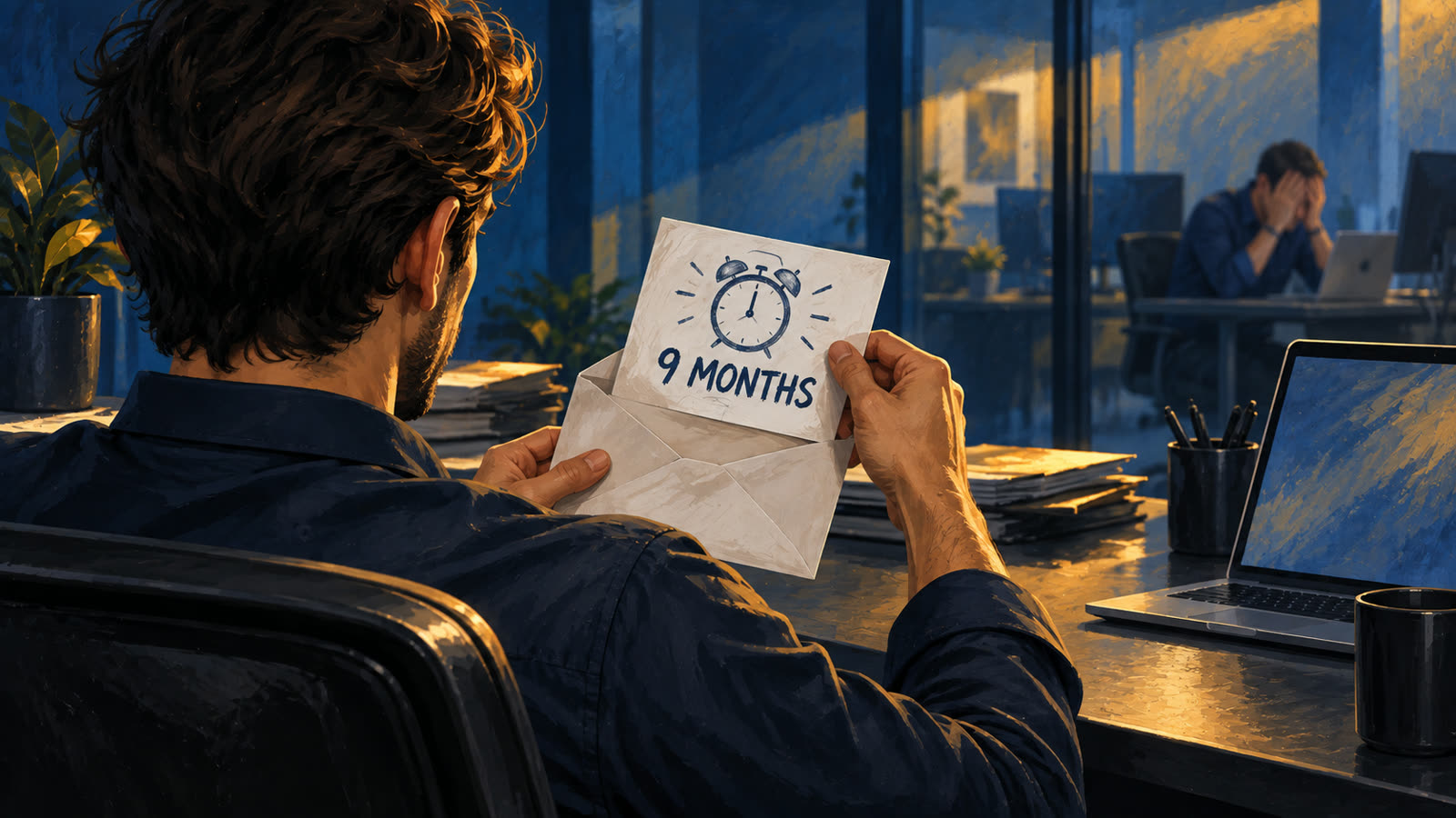 A client opens a card that reads 9 months while an account manager across the office puts his head in his hands.
