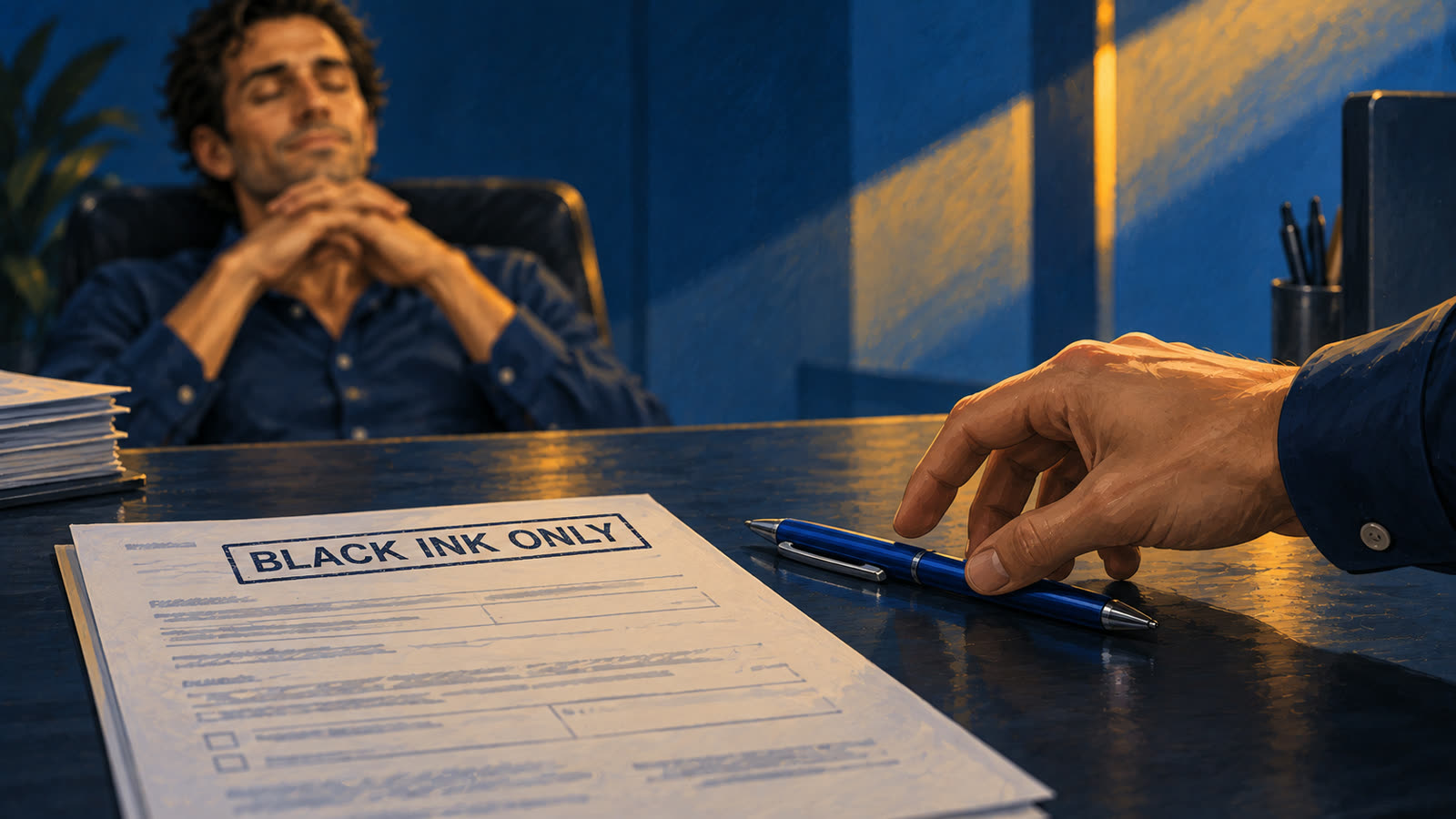 An application stamped Black ink only, with a hand reaching for a blue ballpoint pen while the producer closes his eyes.