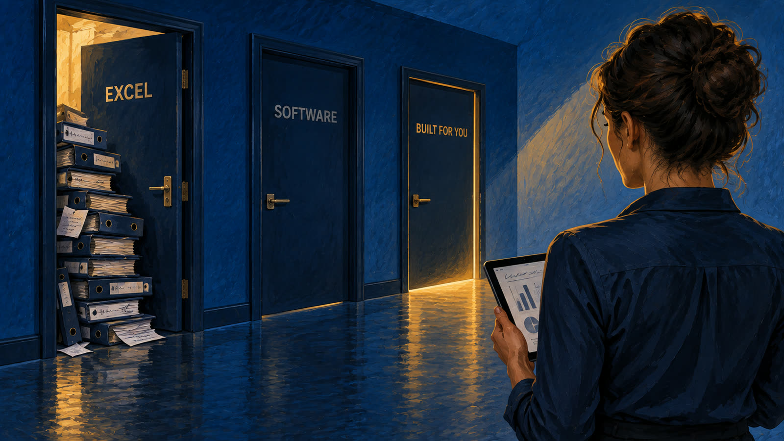 A woman with a tablet faces three doors labeled Excel, Software, and Built for you, with light under the last one.