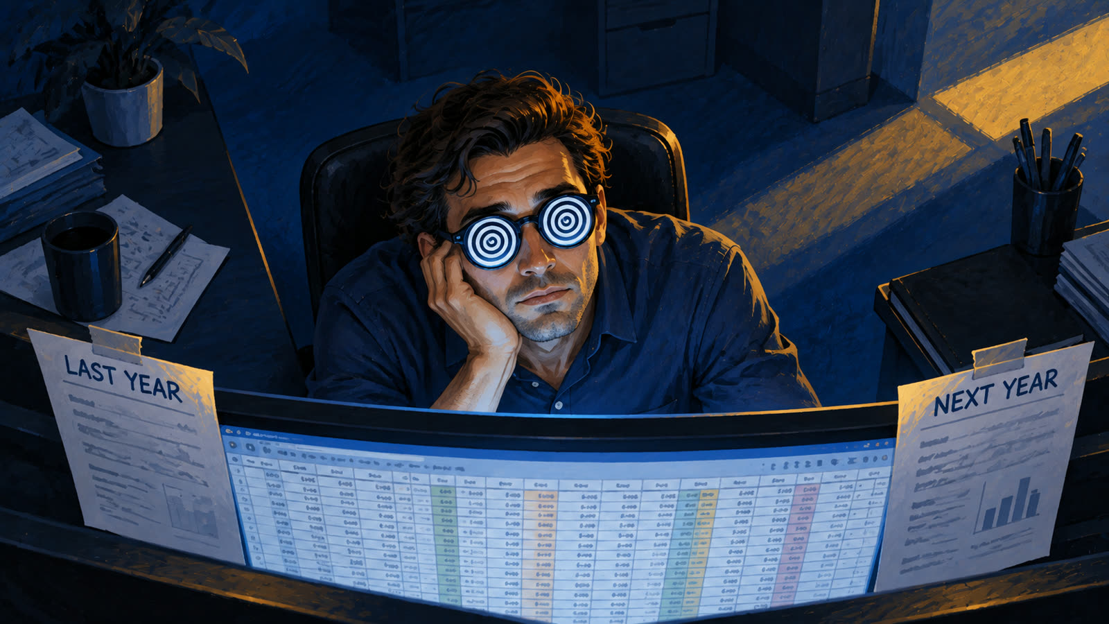 A man in hypnotic spiral glasses stares at a giant spreadsheet between quotes labeled Last year and Next year.