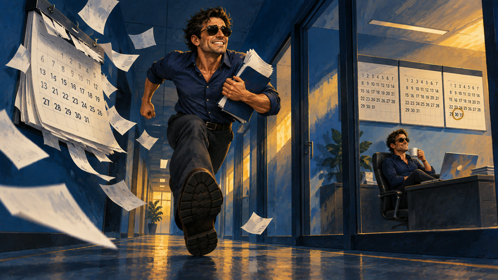 A producer sprints down a hallway with a renewal packet as calendar pages fly off the wall behind him.
