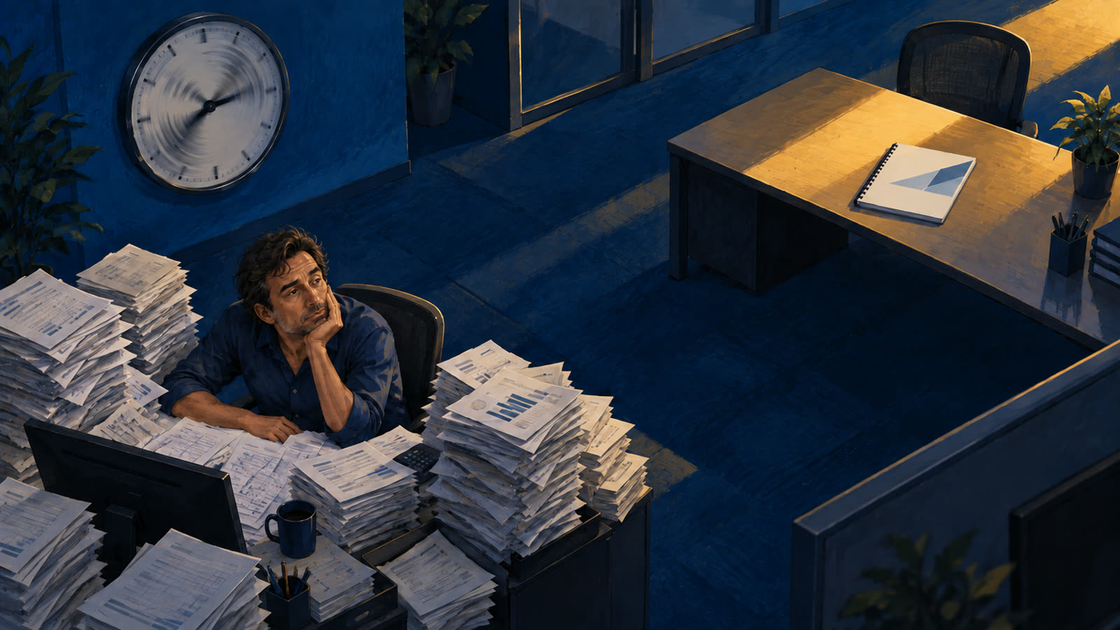 An account manager buried in printed spreadsheets while one finished proposal sits on a clean desk across the room.
