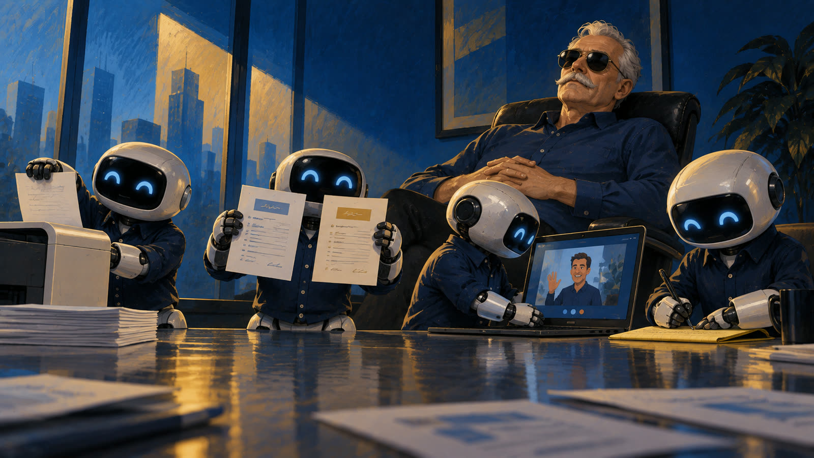 An older man leans back while small robots print proposals, compare quotes, record a welcome video, and take notes.