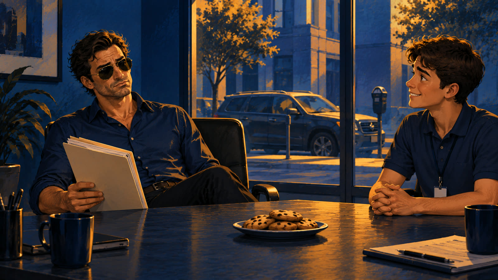A salesman sits across a conference table from a junior employee, holding a folder he won't need, after driving an hour for the meeting.