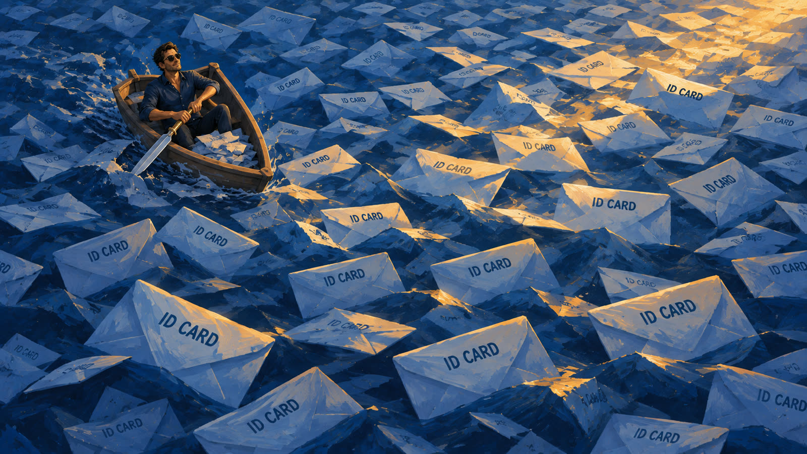 An account manager rows a small boat across a sea of envelopes labeled ID card.
