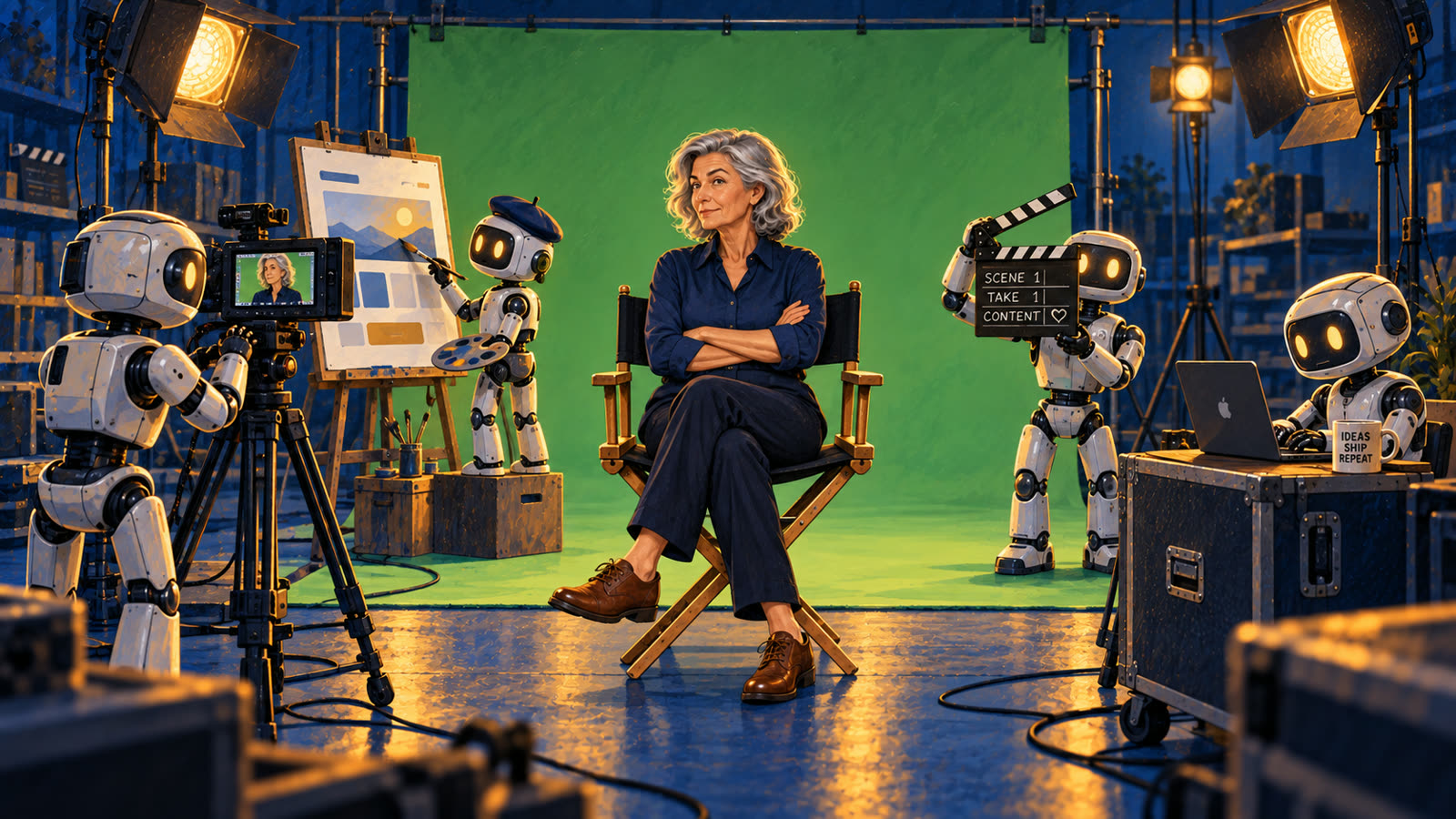A woman sits in a director's chair in a green-screen studio with arms crossed while four small robots run a camera, paint a landing page on an easel, hold a clapperboard, and type on a laptop.