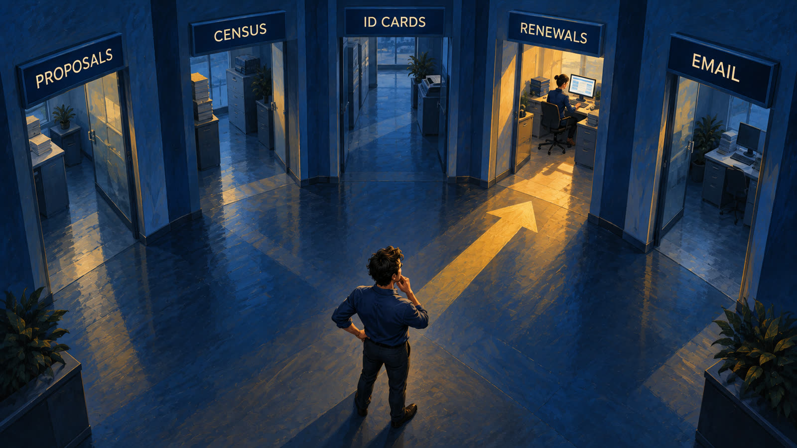 A man stands where hallways labeled Proposals, Census, ID cards, Renewals, and Email branch off, with a gold arrow pointing to the one where someone is typing.