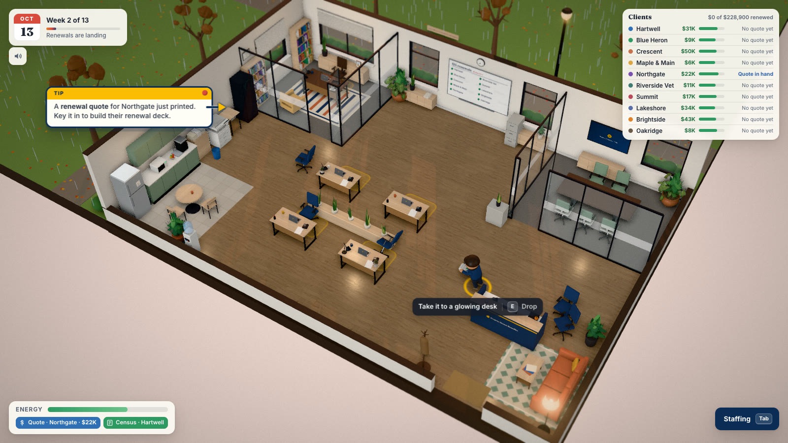 The game: a small agency office seen from above, with a ringing phone, a renewal quote at the copier, and the client list in the corner
